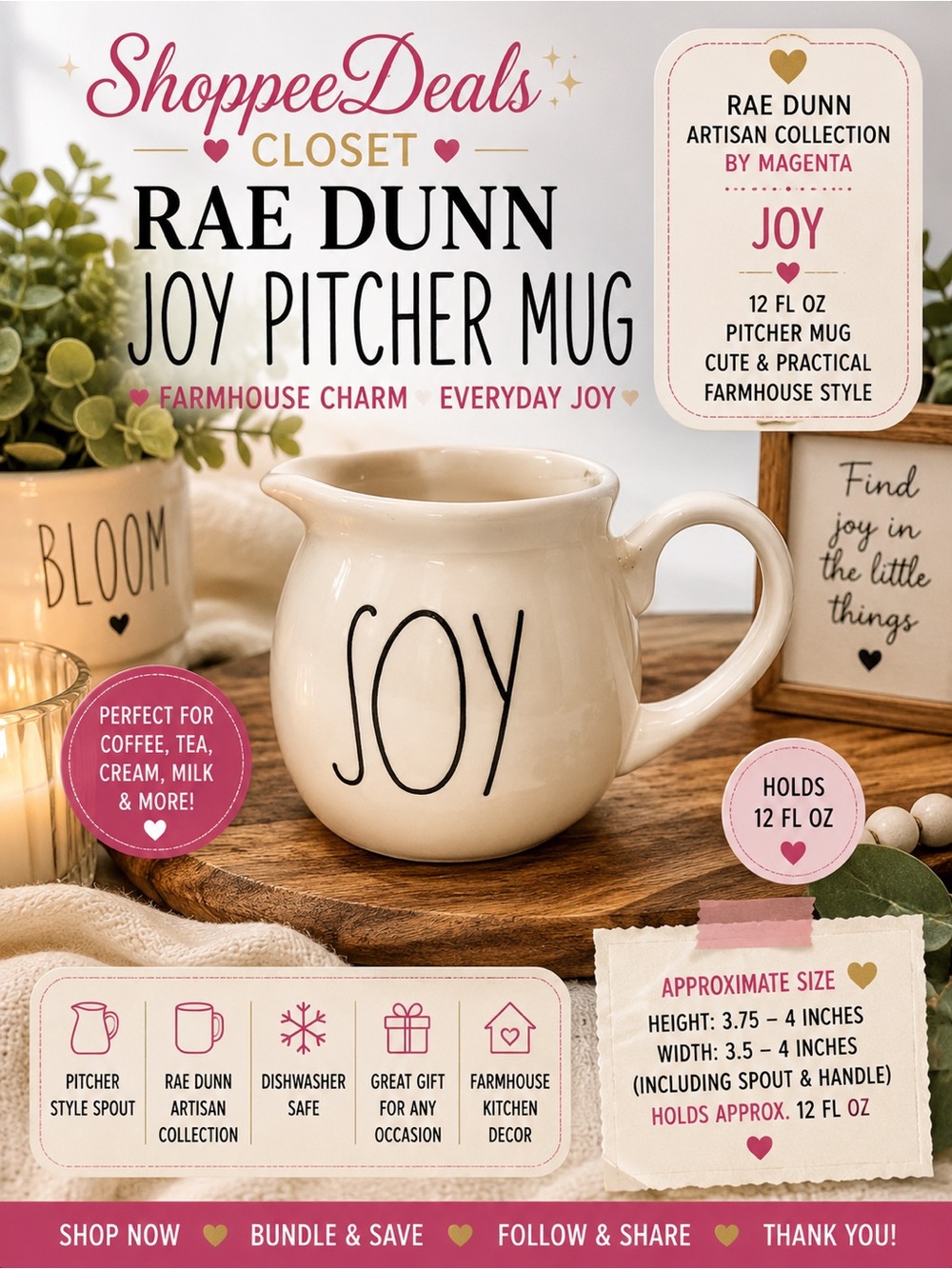 Rae Dunn JOY Cream Ceramic Pitcher Mug Artisan Collection by Magenta 12 oz